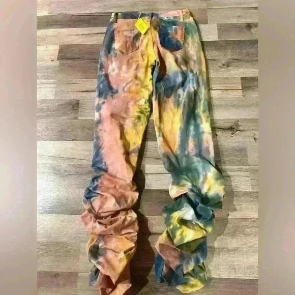Tye Dye Multicolor Stacked Ruched Hem Skinny Denim Jeans S 1X - Picture 4 of 5